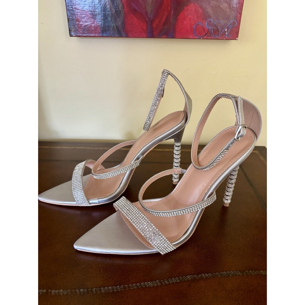 AZALEA WANG Women's Silver and Rhinestone Open Toe Stilettos Heels Size 8.5